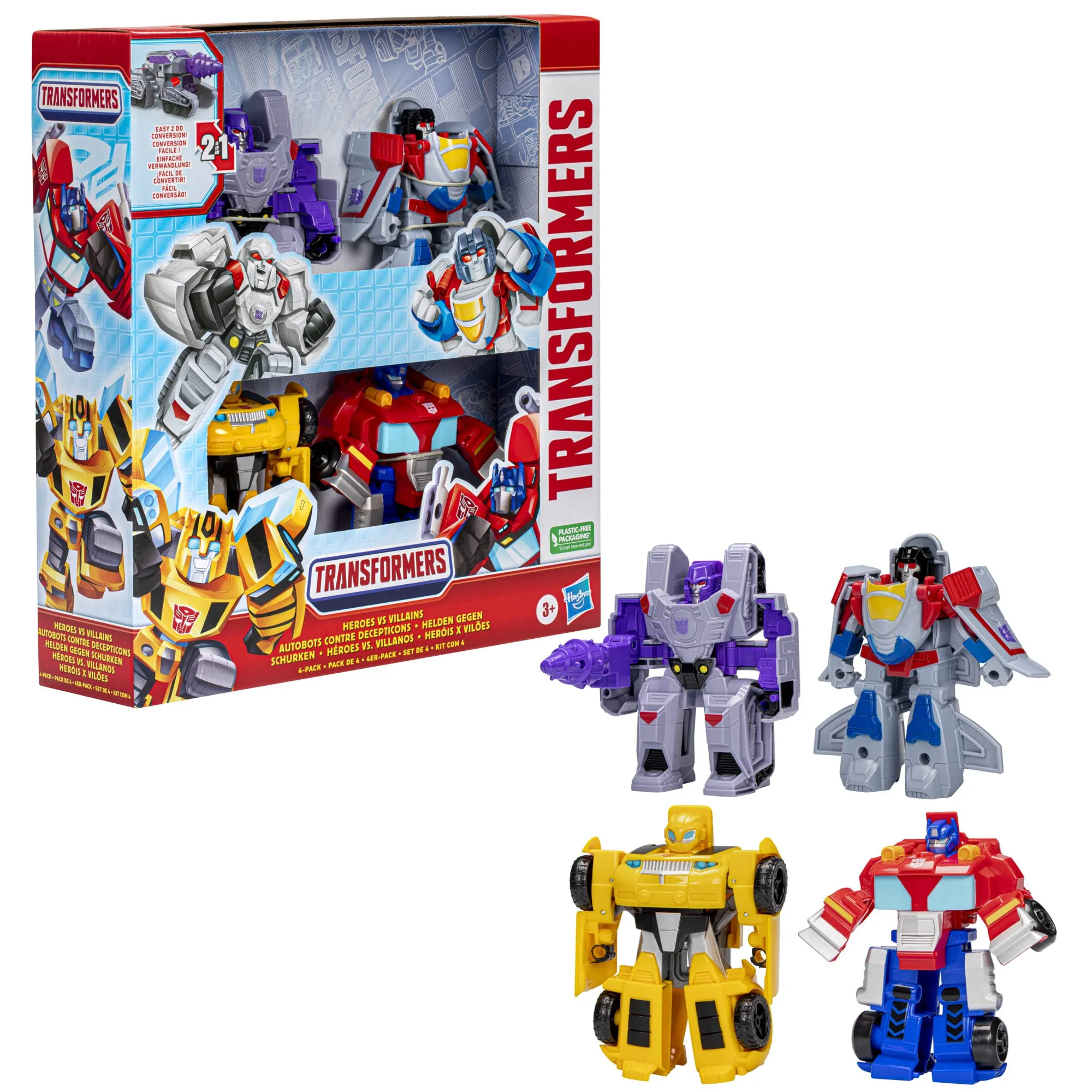 Transformers Toys Heroes vs Villains 4-Pack, Autobot and Decepticon 4.5-Inch Action Figures, Preschool Robot Toys for Kids Ages 3 and Up